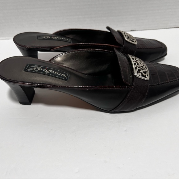 Brighton Steph Chocolate Brown Leather Crocodile Mule Heels 8 - Picture 3 of 7